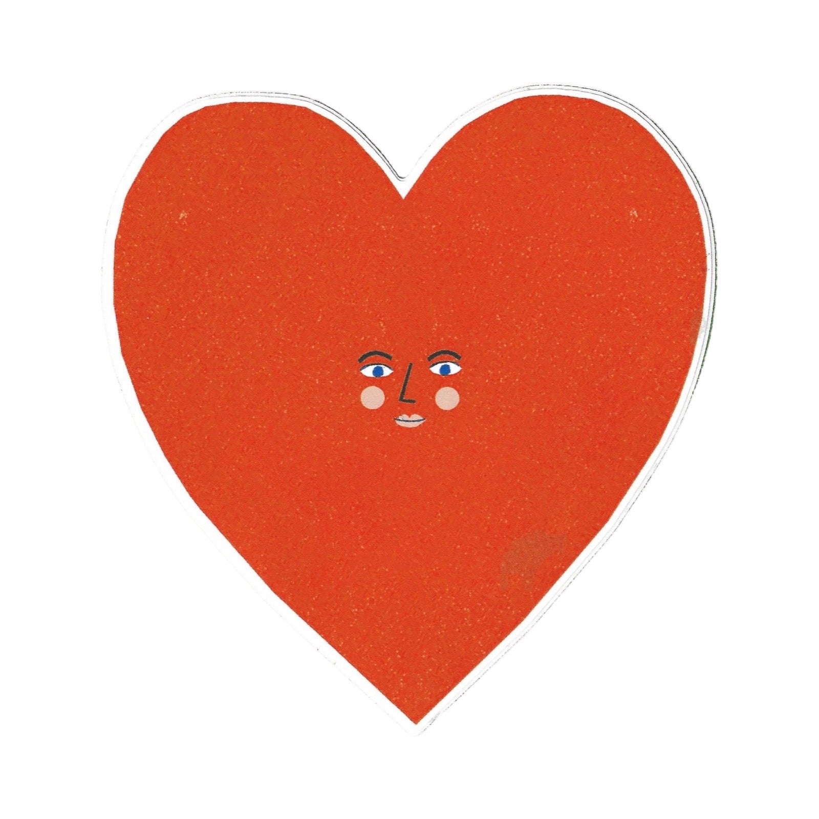 A heart-shaped red sticker with a cute cartoon face, on a white background.