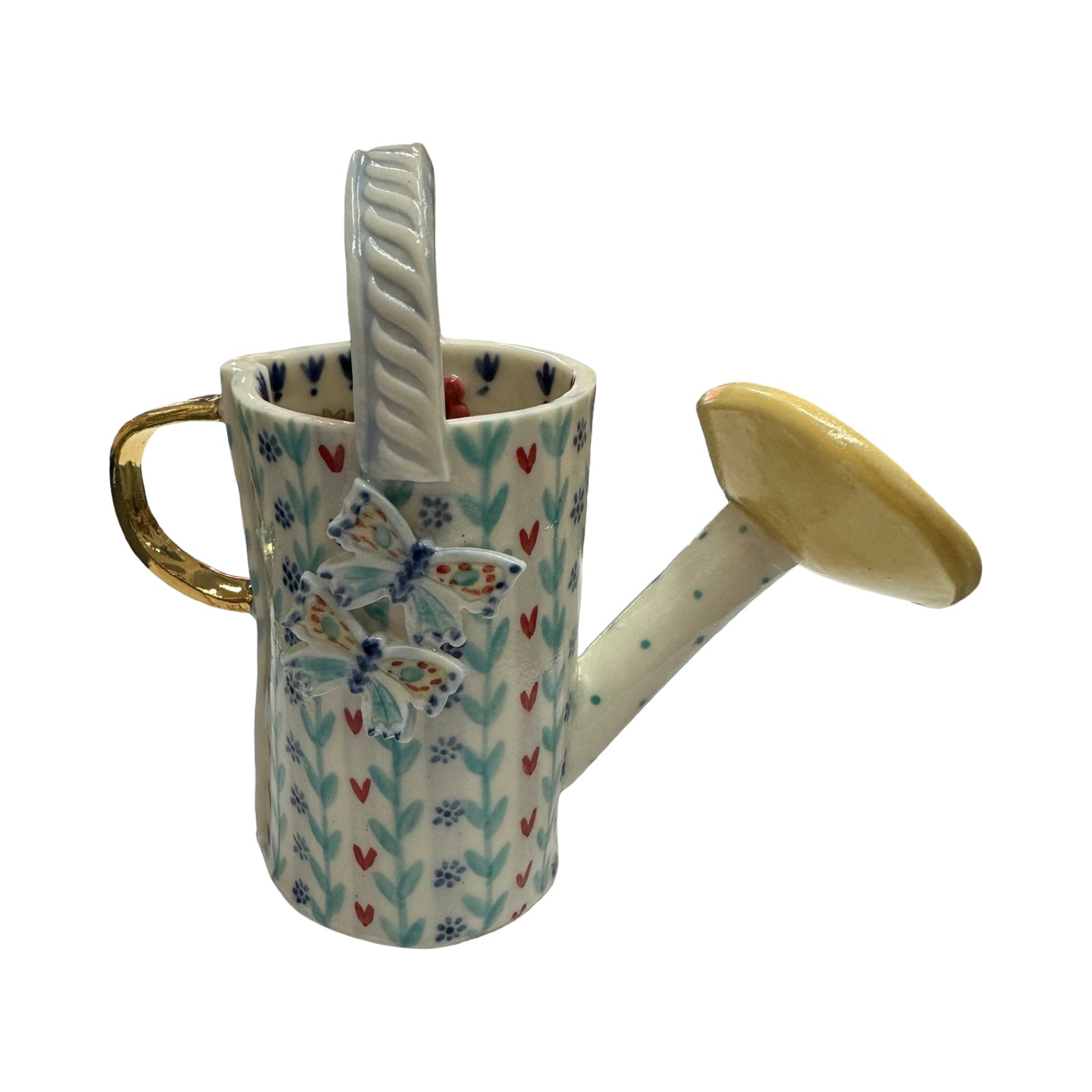 Hearts and Butterflies Watering Can Porcelain Vase