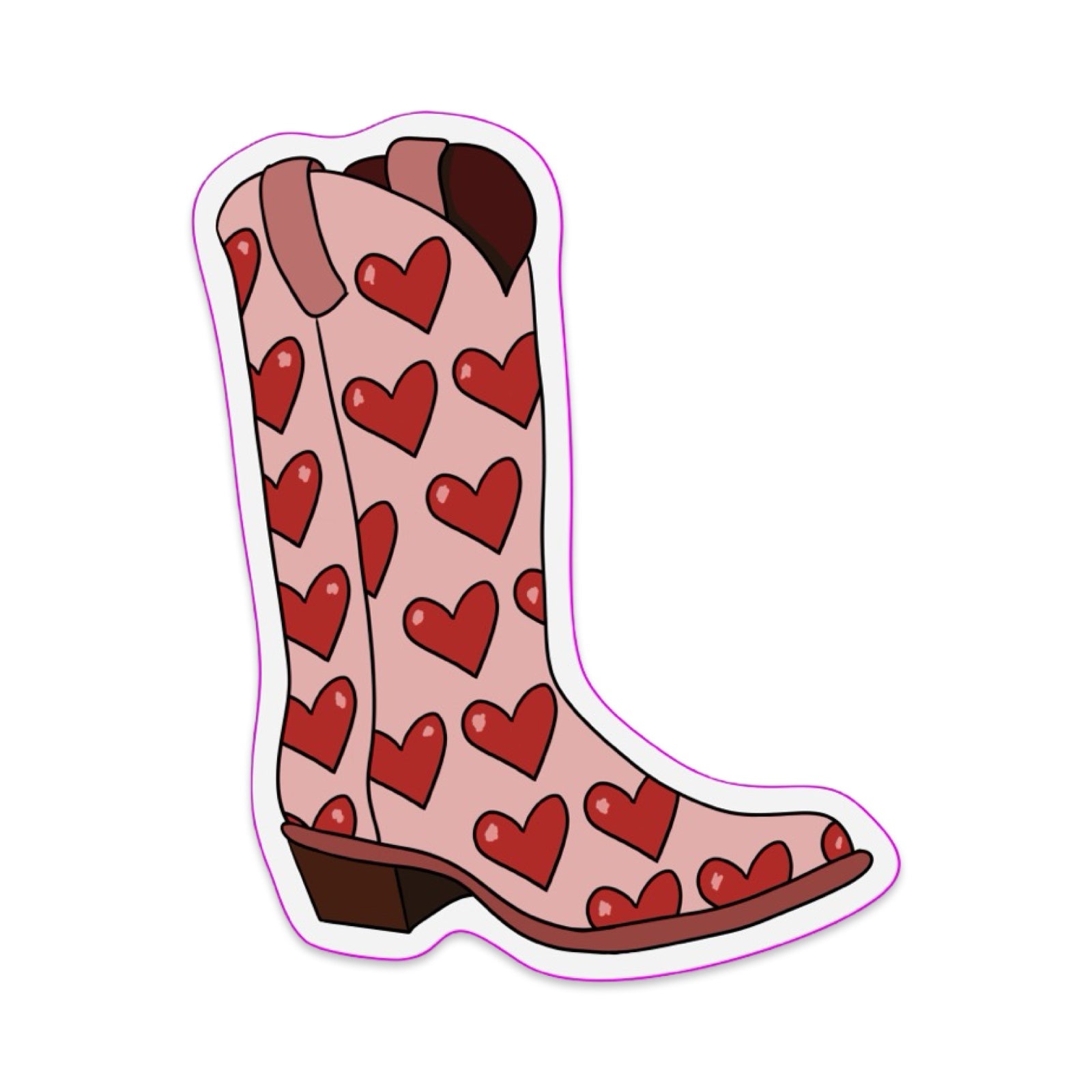 Pink cowboy boot with red heart patterns on a white background.