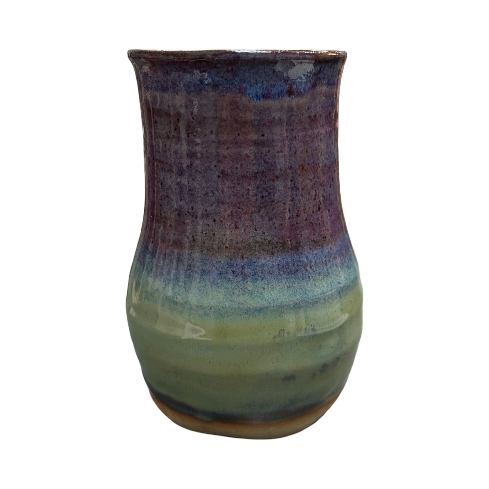 Ceramic vase with multicolored glaze on a white background.