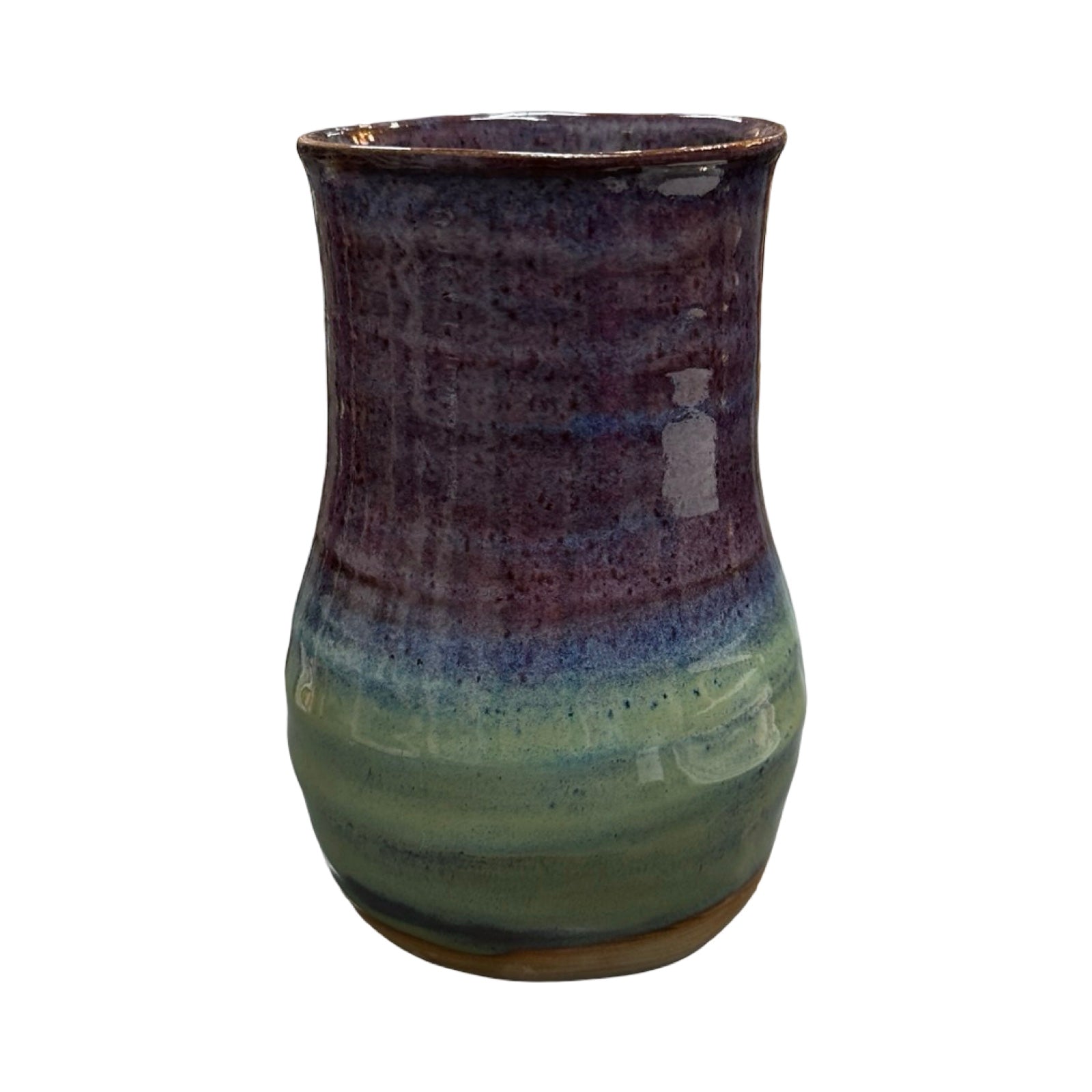 Ceramic vase with multicolored glaze on a white background.