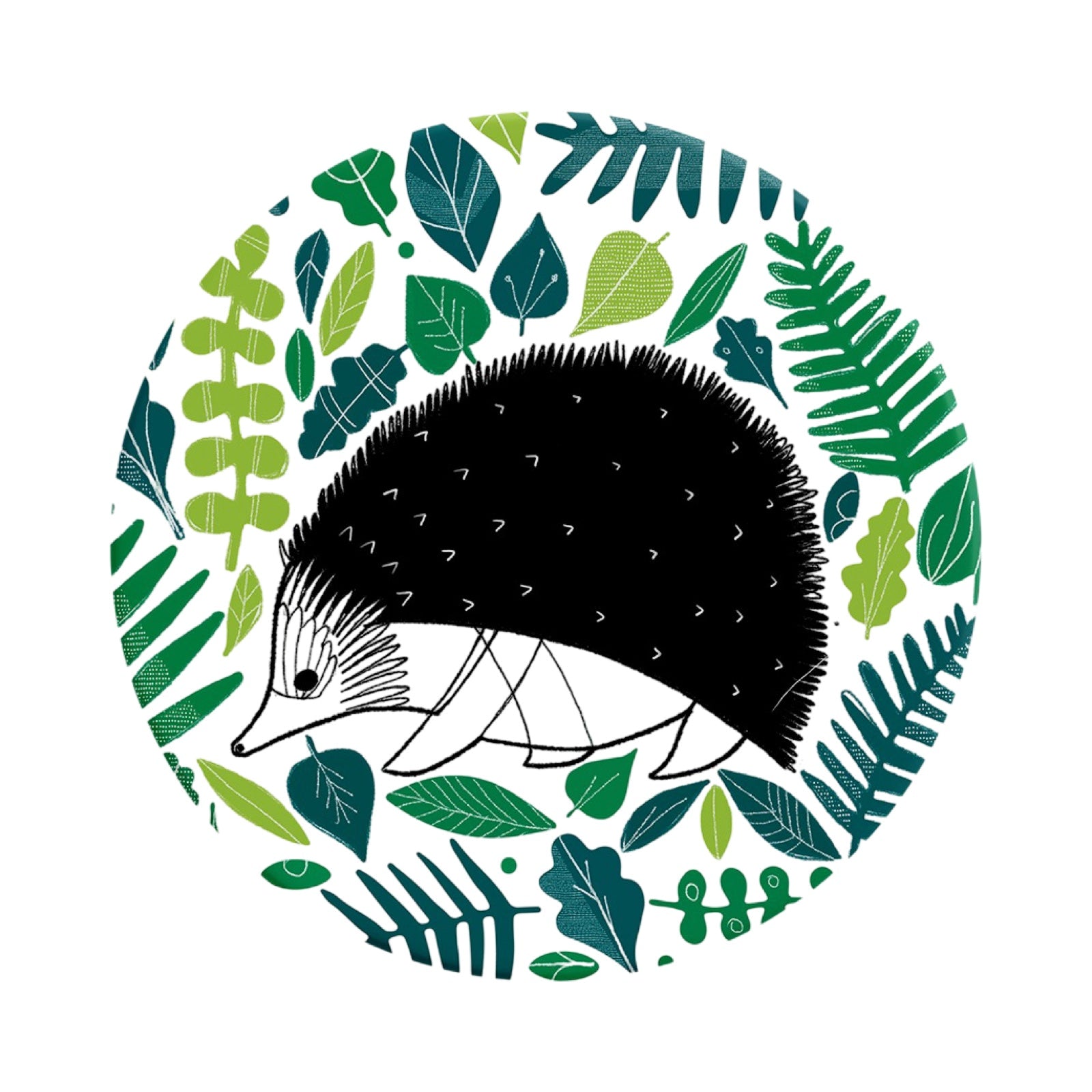 A round ceramic coaster featuring an illustration of a black and white hedgehog surrounded by green leaves.