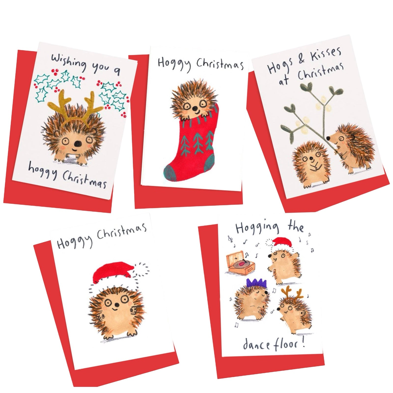 5 Christmas cards with hedgehogs enjoying the festive season