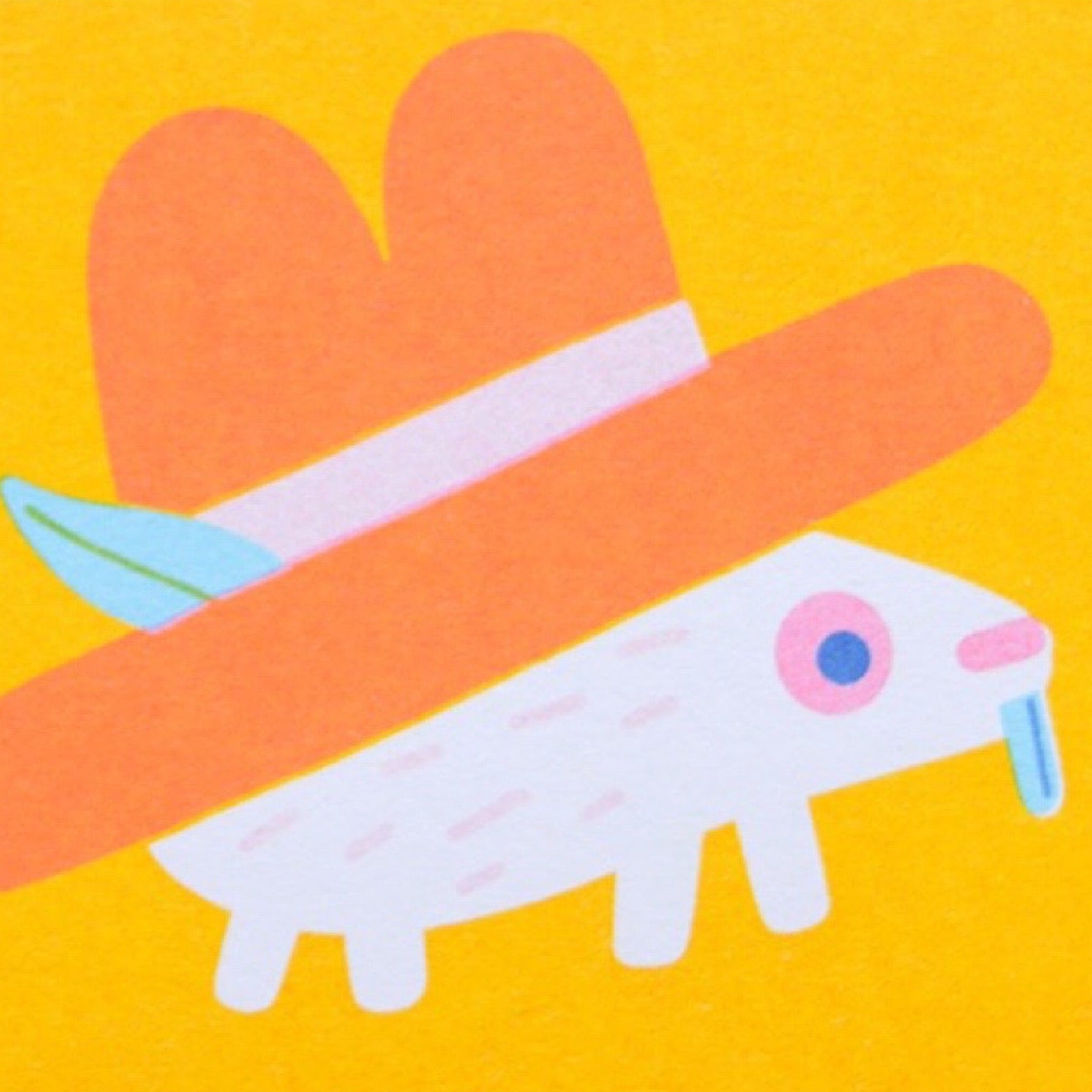 A risograph mini print of a hedgehog wearing a cowboy hat.