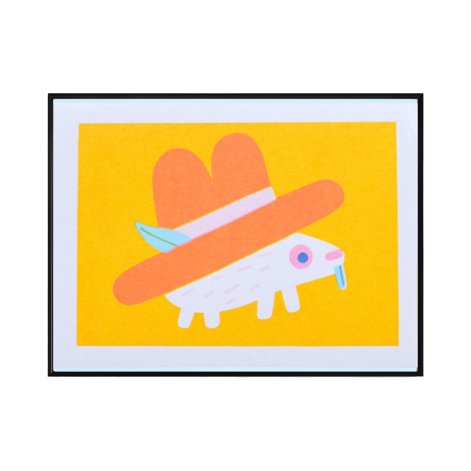 A risograph mini print of a hedgehog wearing a cowboy hat.