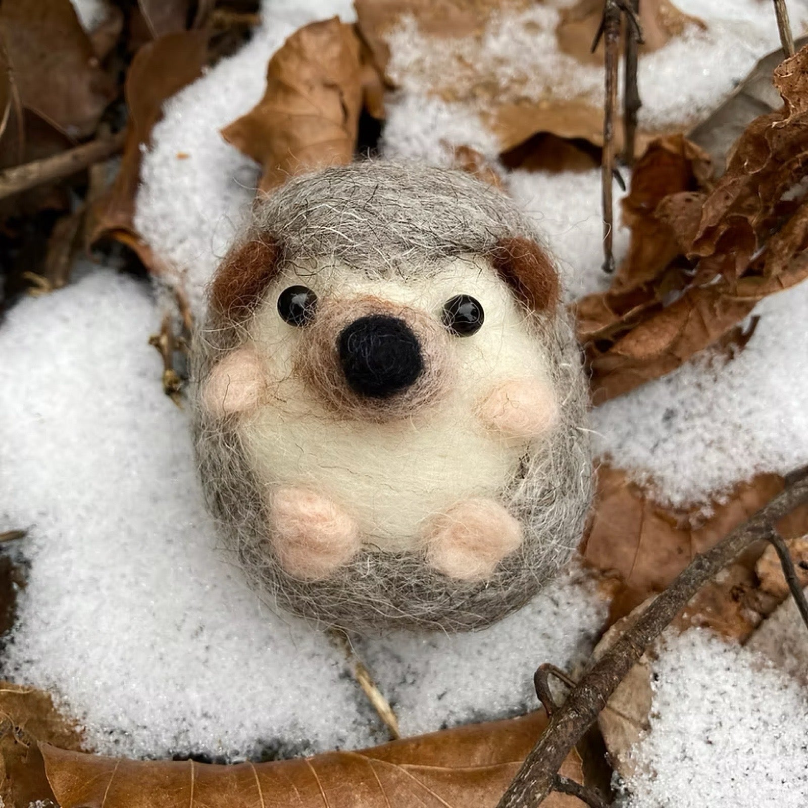 Felted hedgehog in a snowy setting with leaves.