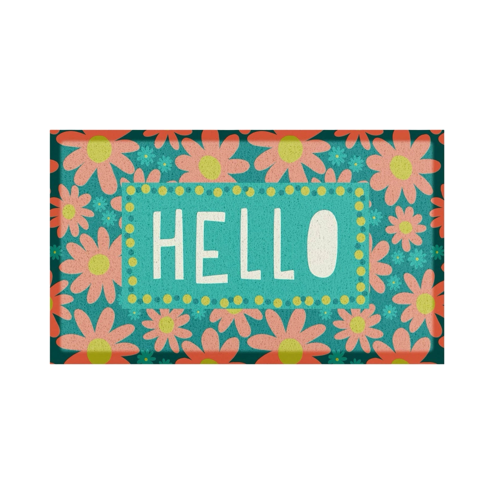 A rectangular doormat with a retro floral pattern in teal, coral pink, and lime green, featuring a central teal panel with the word 'HELLO' in white inside a dotted yellow border.