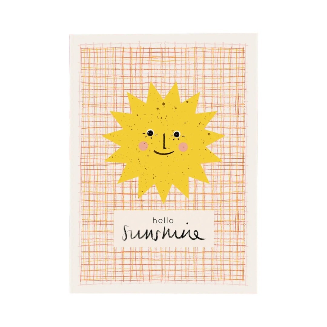 card featuring a yellow smiling sun and the text 'hello sunshine' in a white box, all against an orange and white checked background