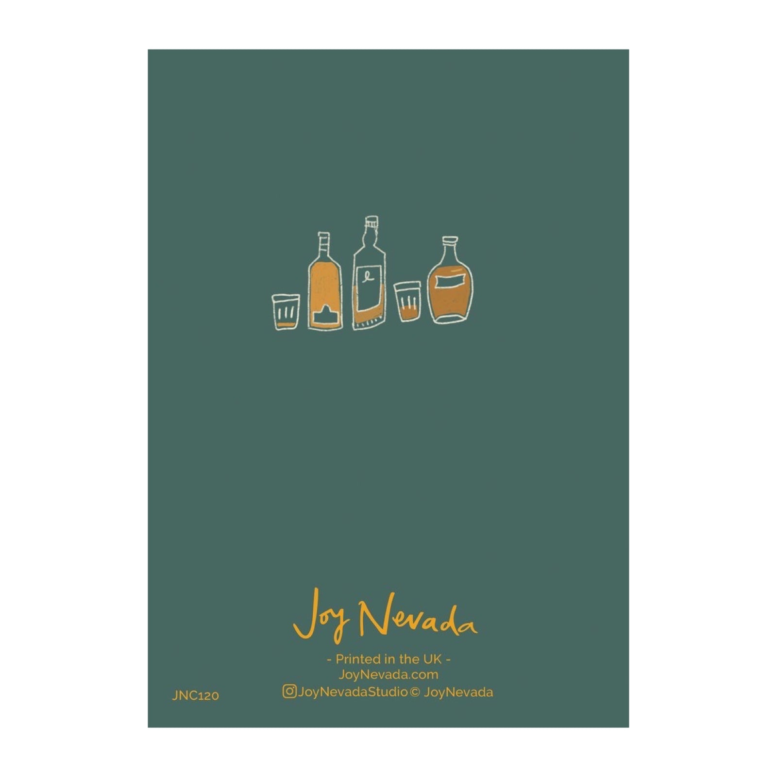 The back of a greetings card with 5 bottles of whisky in the centre.
