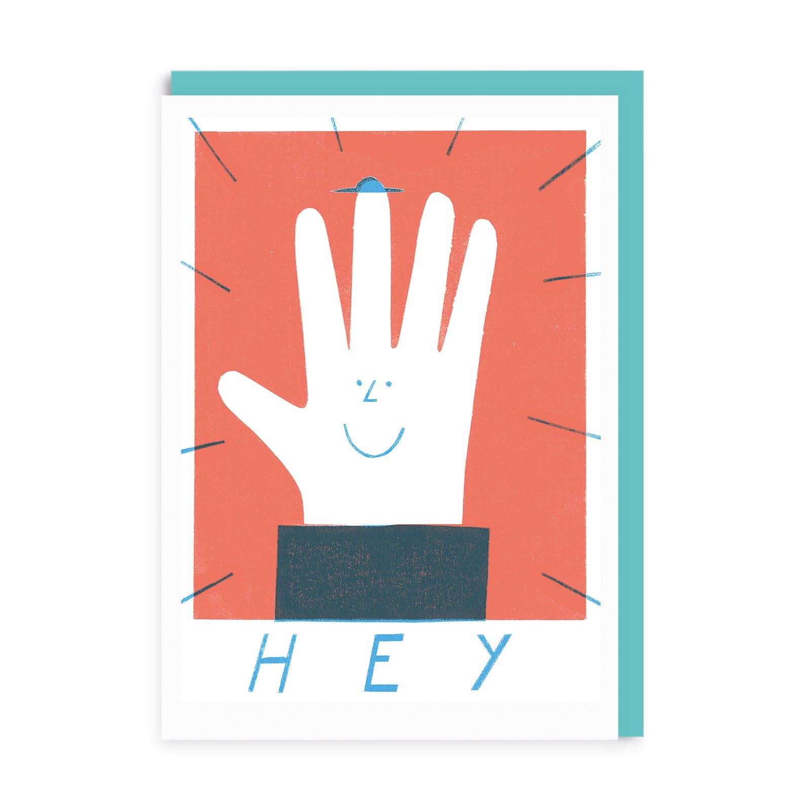 Say hello with this card featuring a hand with a smiling face in the centre and a cowboy hat on the end of the middle finger, the text 'hey' is written underneath.