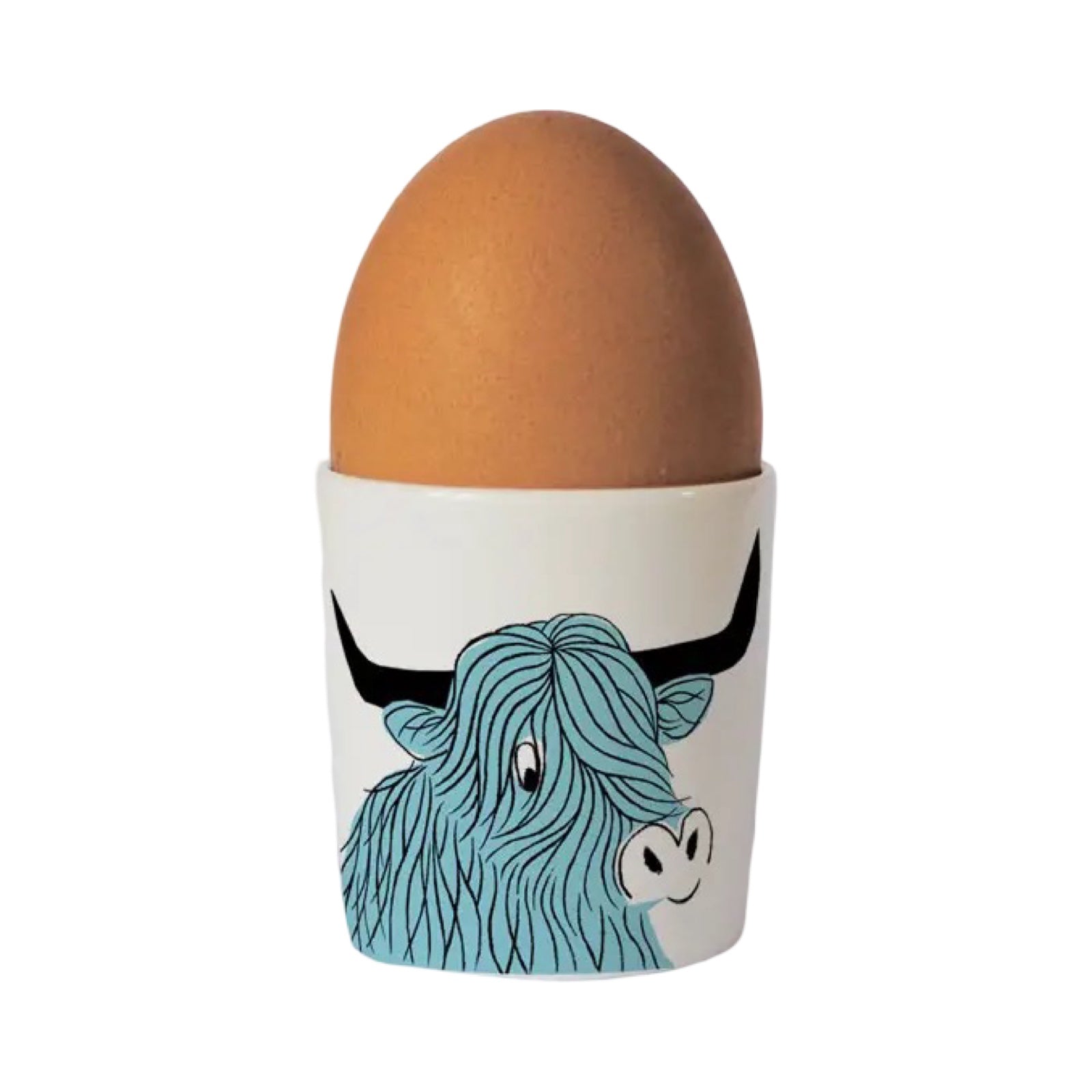 Bone china egg cup with an illustration of a turquoise highland cow in the front and the text 'happiness is being in Scotland' written in black on the back.