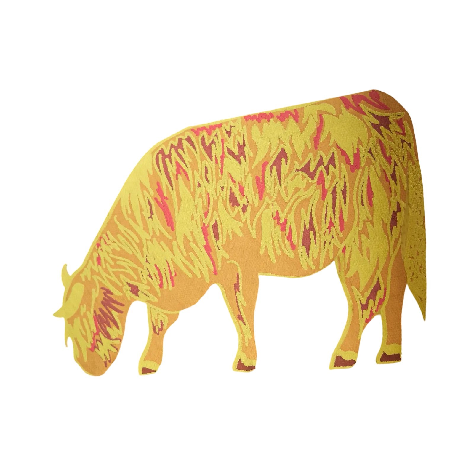 A highland cow shaped card in brown, yellow and red.