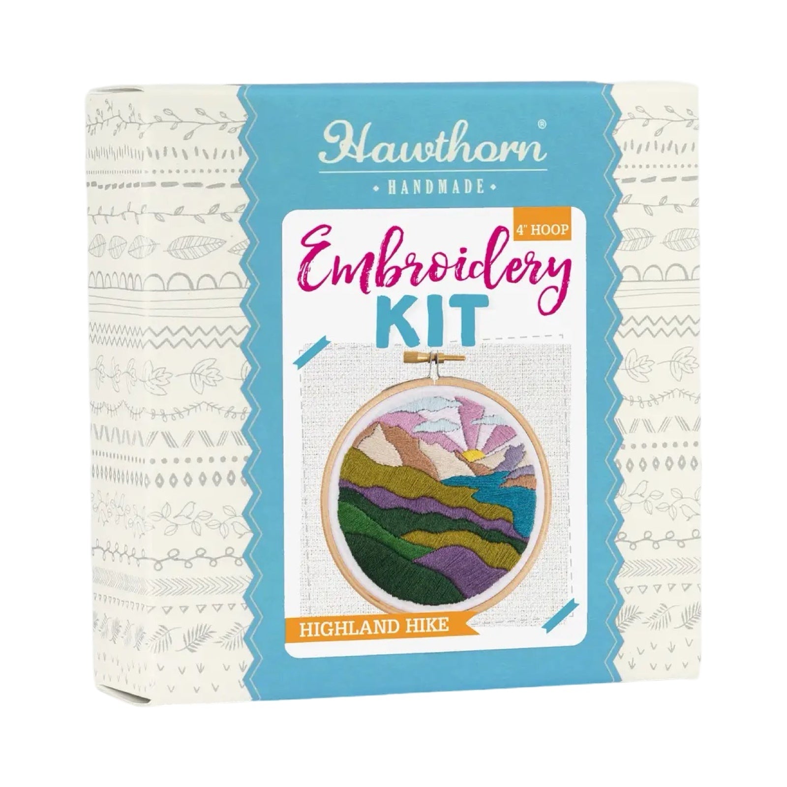 This craft kit teaches you to embroider a highland hills scene in greens and purples, with a purple and pink rising sun.