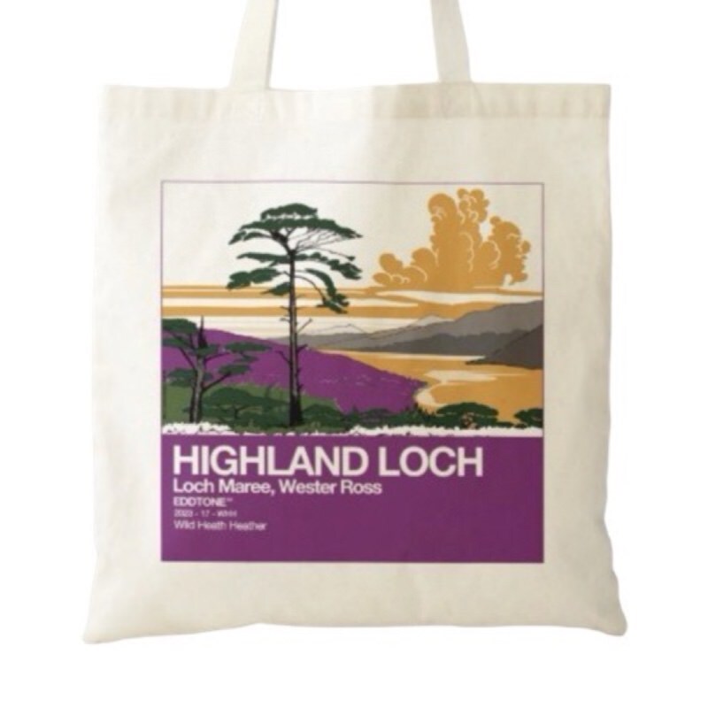 This is a tote bag with a square design featuring an illustration of Loch Maree in Argyle and Bute, Scotland.