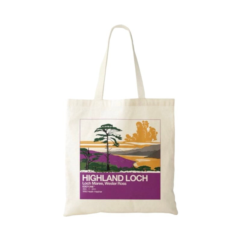 This is a tote bag with a square design featuring an illustration of Loch Maree in Argyle and Bute, Scotland.