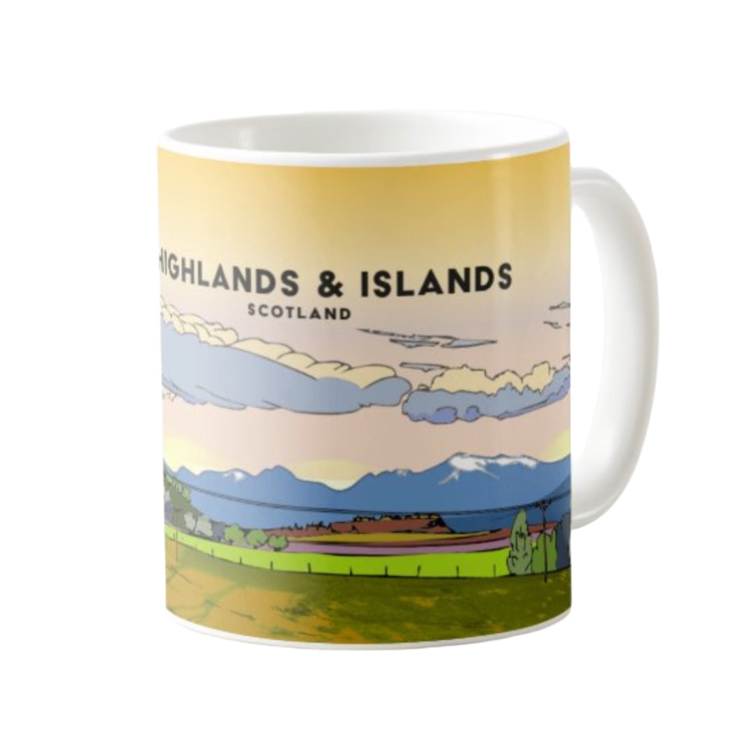 Classic mug featuring a striking panoramic artwork of the highlands and islands of the west coast of Scotland