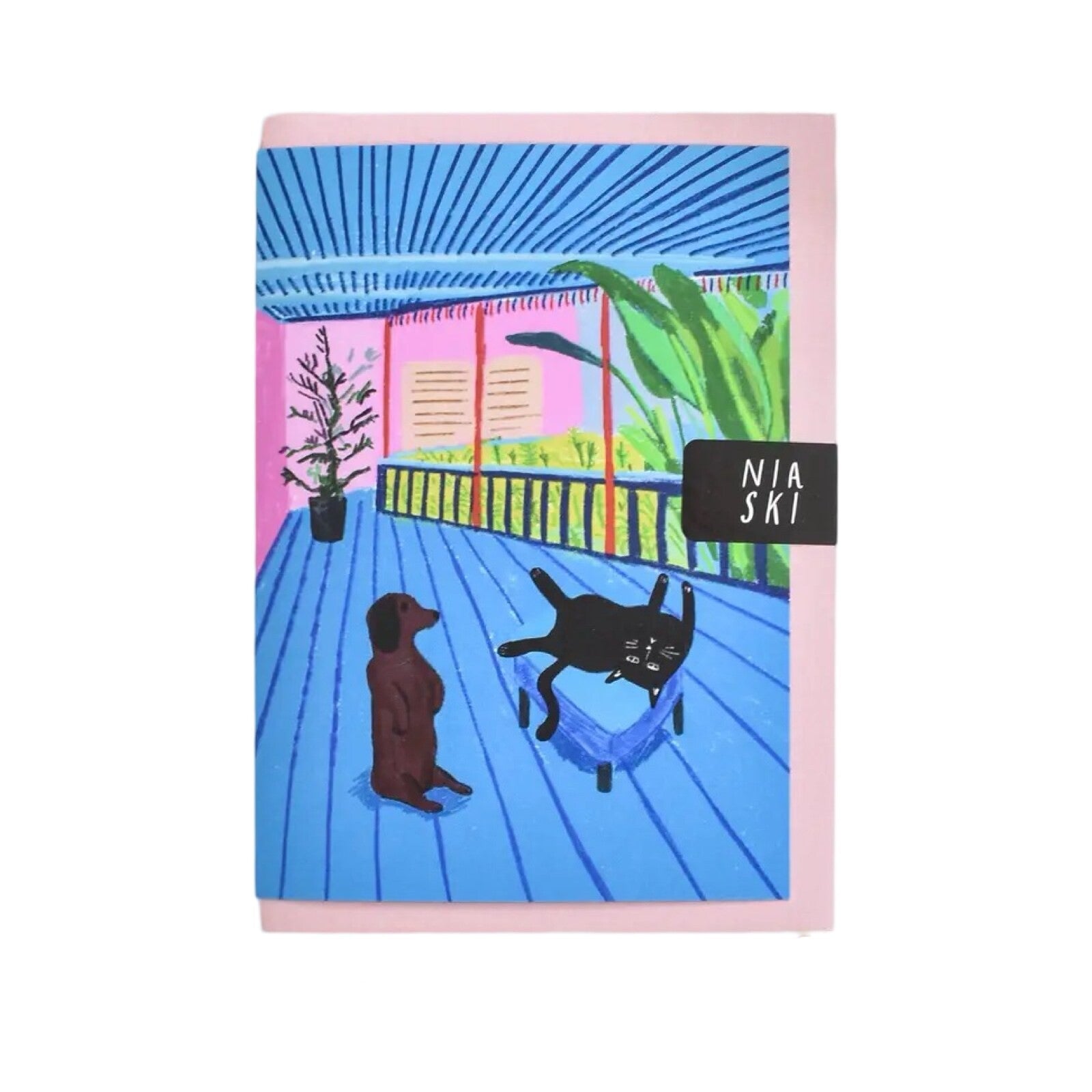 Card featuring an illustration based on the David Hockney painting 'A Bigger Interior with Blue Terrace and Garden' with a black cat and a brown sausage dog.