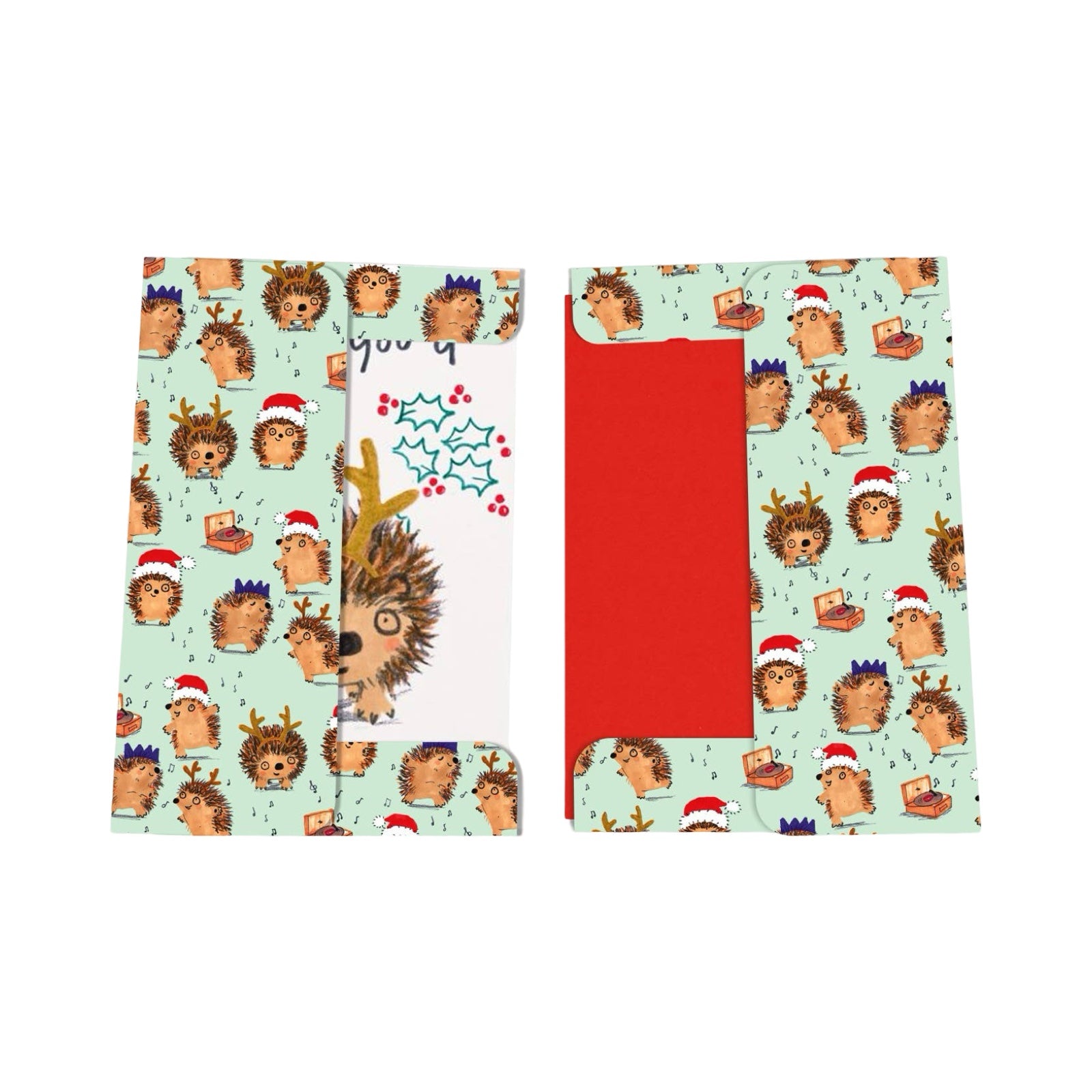 The inside of a pack of Hoggy Christmas cards showing the two wallets, one with the Christmas cards and one with red envelopes