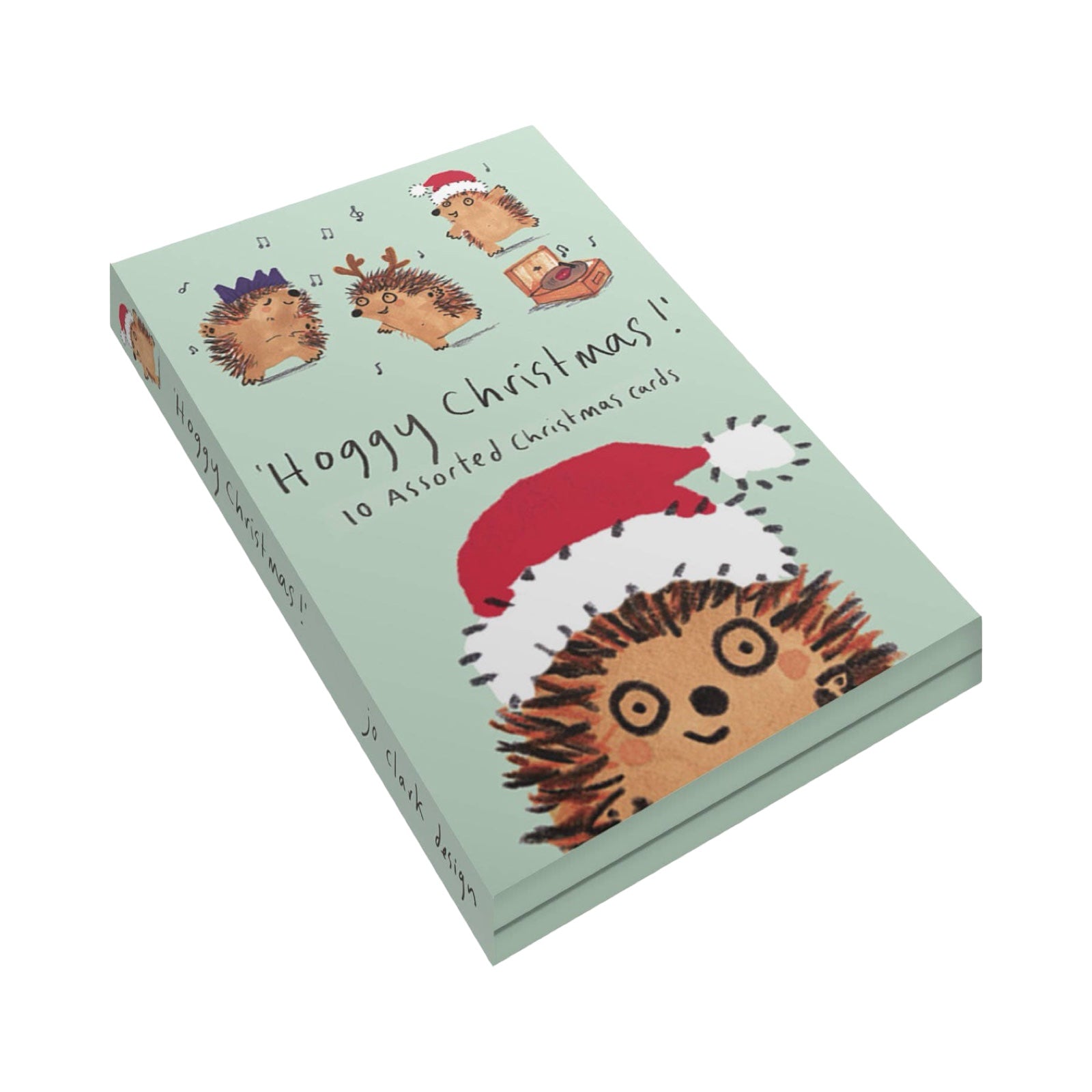 The box for a pack of hoggy Christmas cards with a hedgehog wearing a santa hat on the front