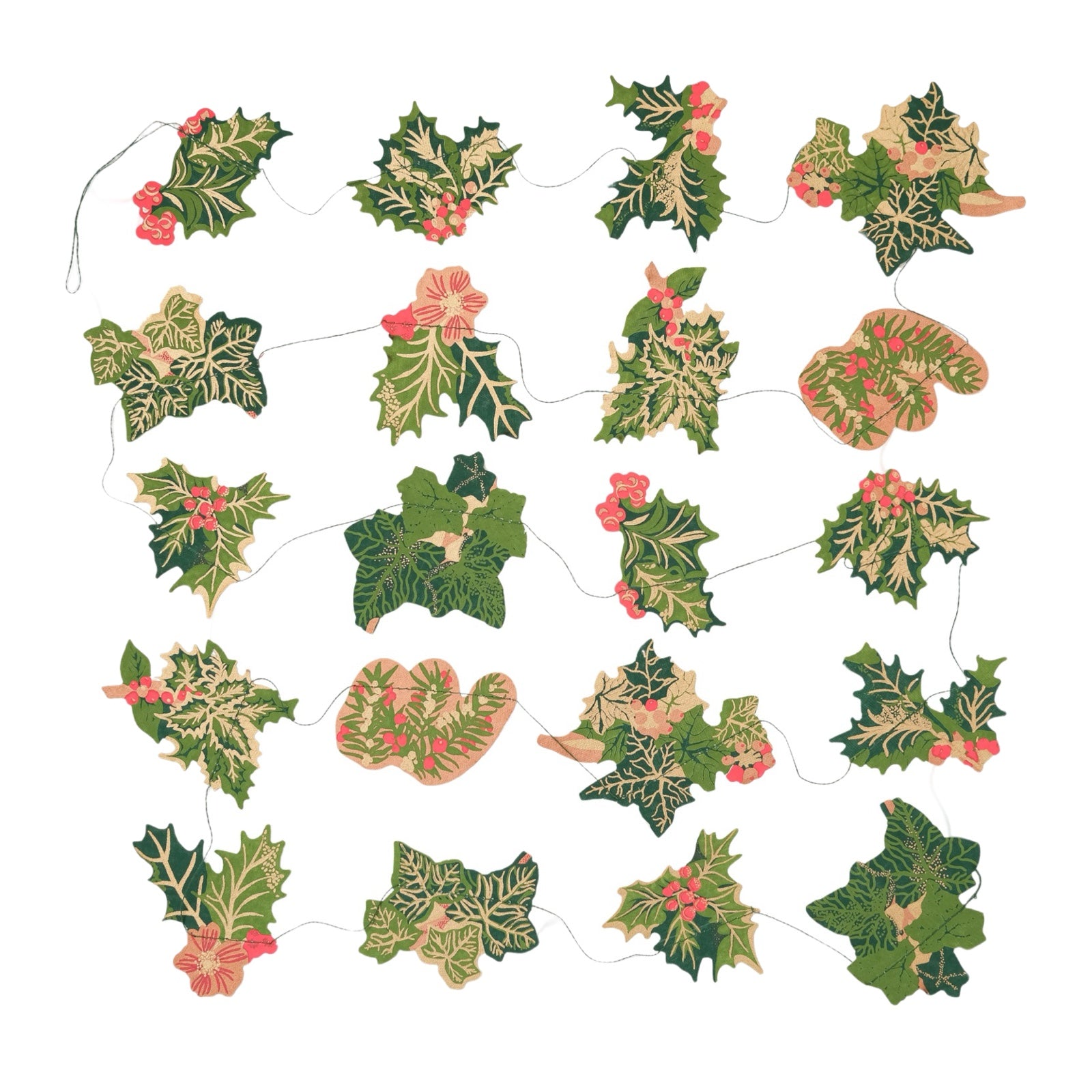 Christmas holly and ivy garland, featuring screen-printed paper bunches of holly and ivy in various green, gold and red designs. 