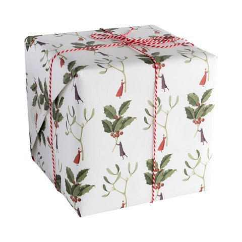Single sheet of illustrated Christmas wrapping paper featuring a holly and mistletoe design on a white background.