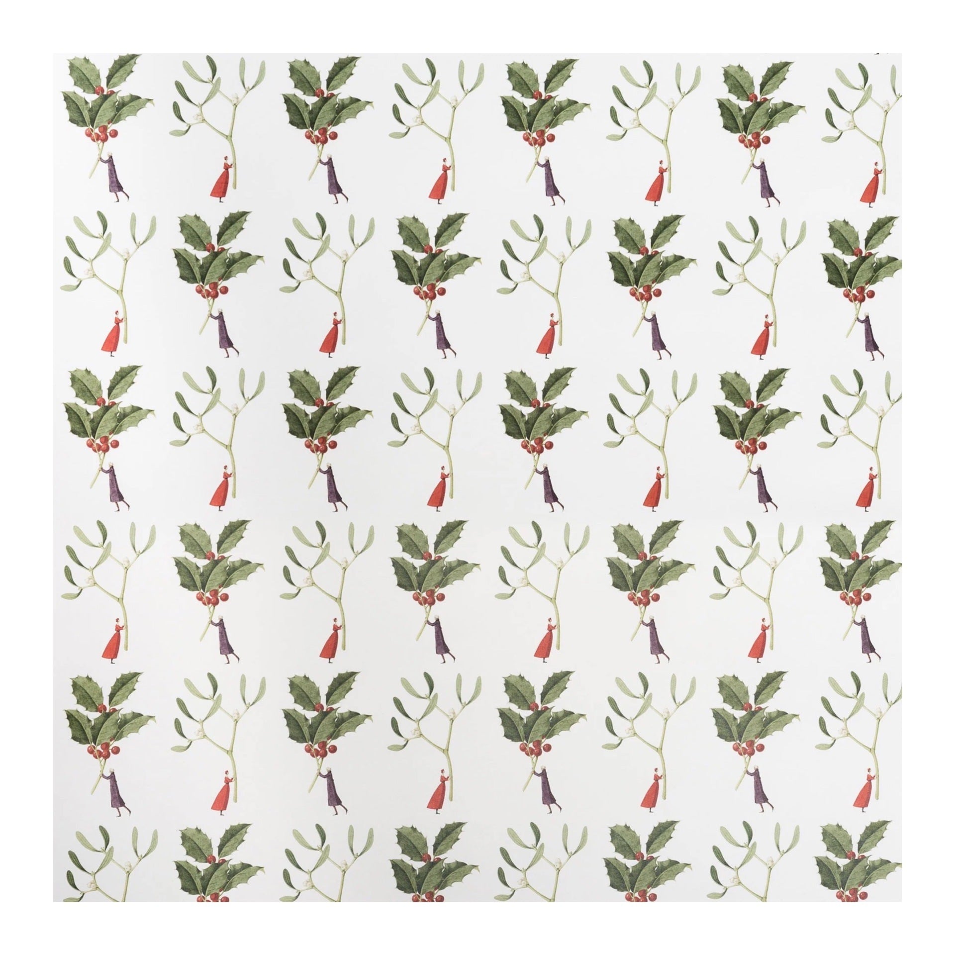 Single sheet of illustrated Christmas wrapping paper featuring a holly and mistletoe design on a white background.