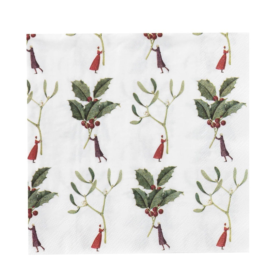 This pack of Christmas paper napkins is perfect for your Christmas table! They feature illustrations of men and women in long overcoats holding giant stems of holly and mistletoe.