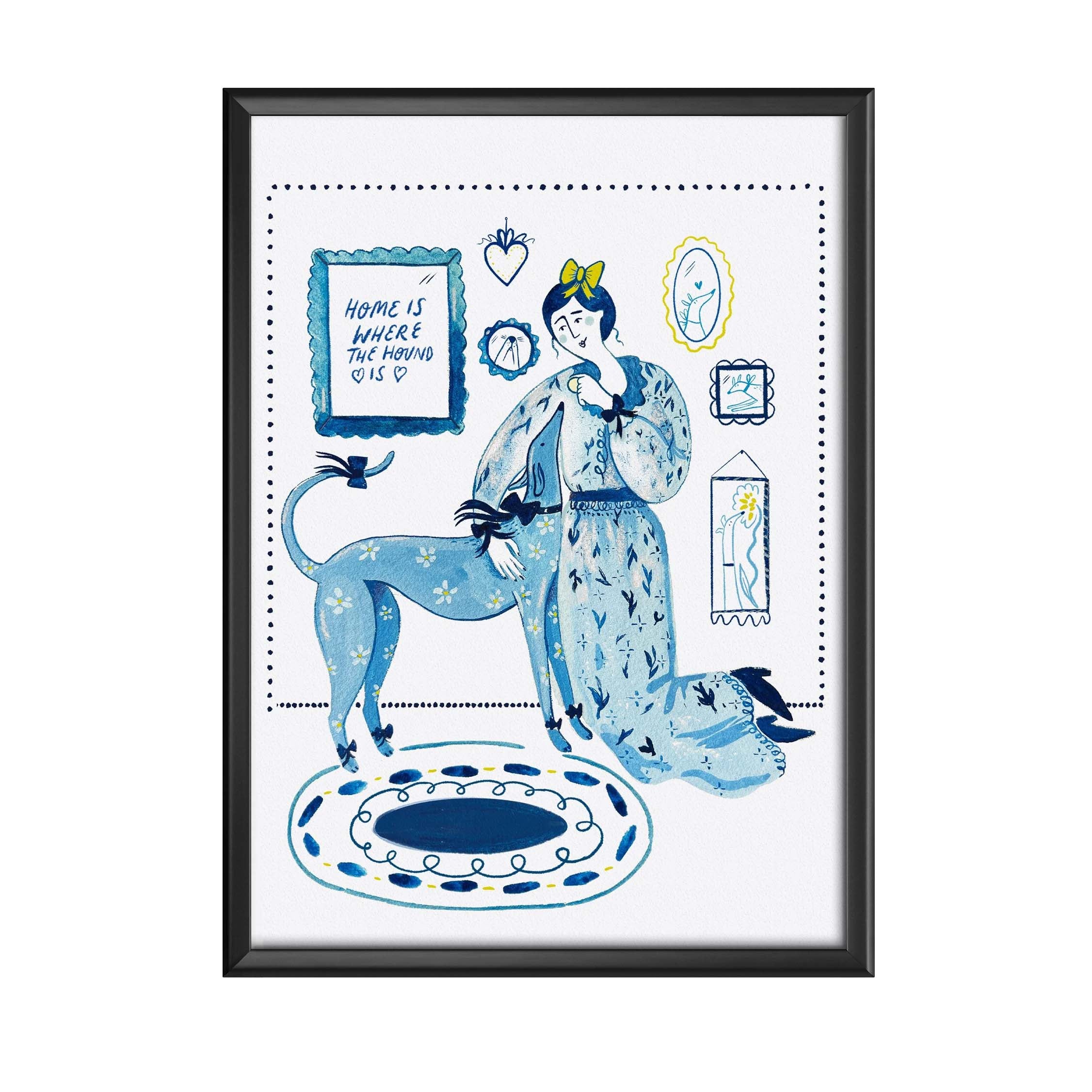 This beautiful giclee print features an illustration of a lady hugging her pet dog.
