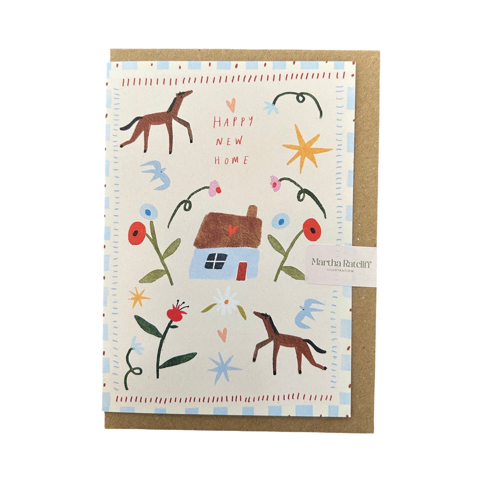 Greeting card with illustrations of horses, a house, and flowers on a beige background, with a brown envelope.