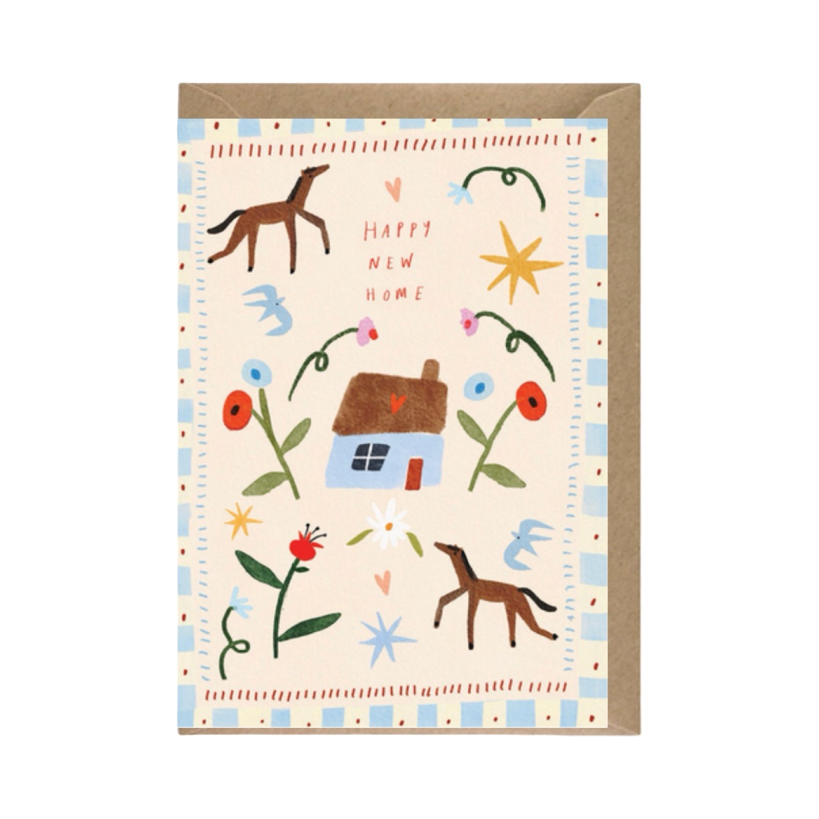 Greeting card with illustrations of horses, a house, and flowers on a beige background.