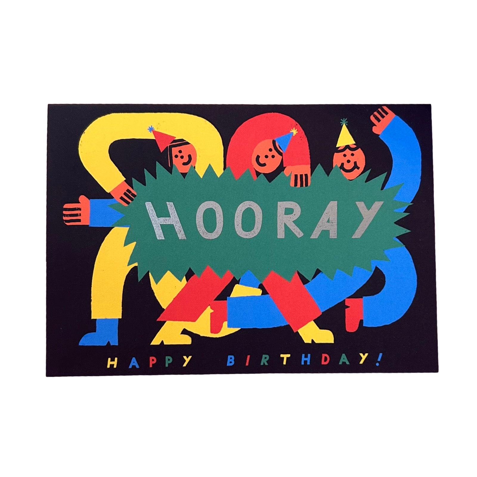 A black greeting card featuring a colourful retro illustration of three children celebrating with hats, with a green burst reading 'HOORAY' and 'HAPPY BIRTHDAY!' at the bottom.