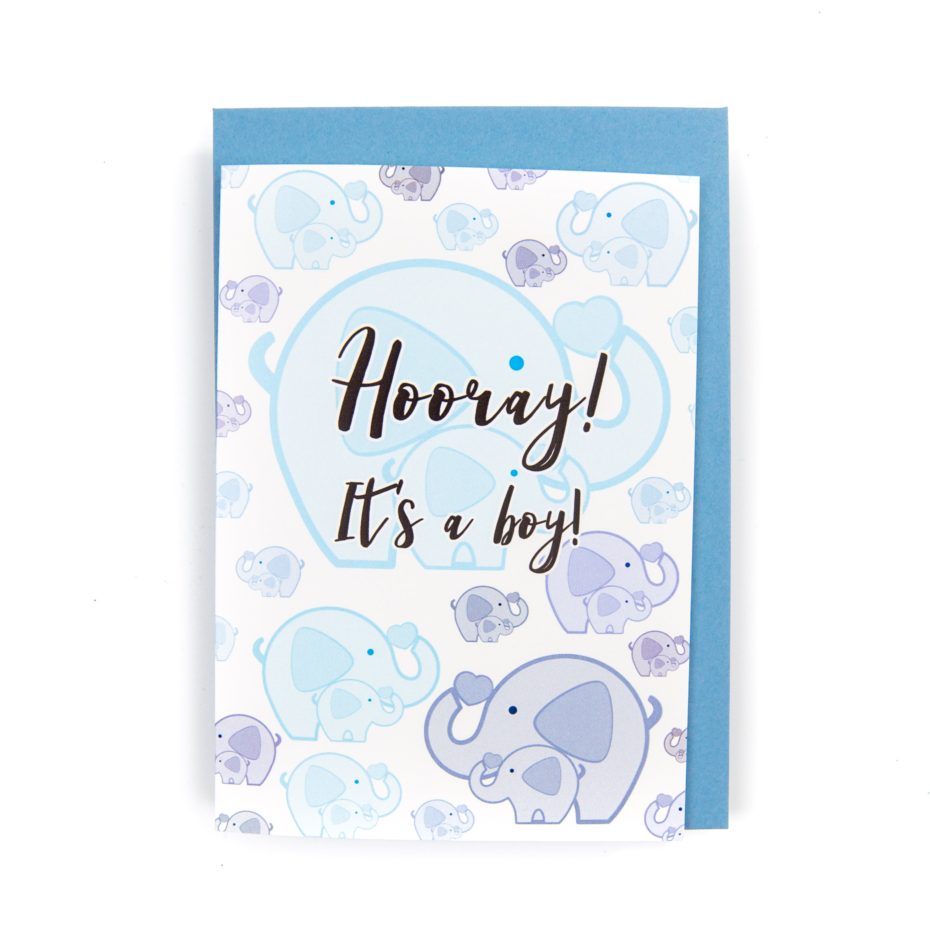 A greeting card with 'Hooray! It's a boy!' text and illustrations of blue elephants on a blue background, supplied with an envelope.