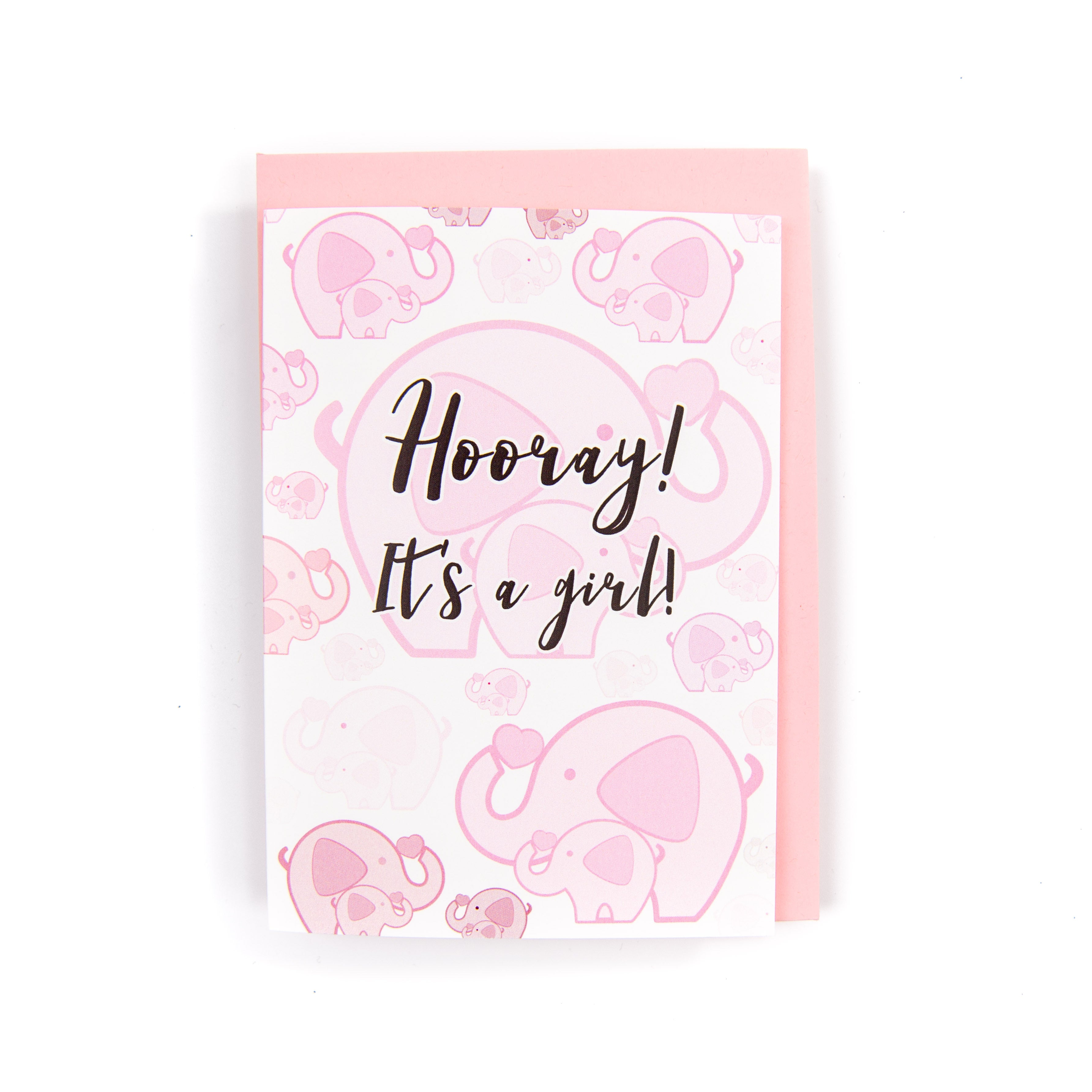 Hooray it's a girl card featuring cute pink elephants.
