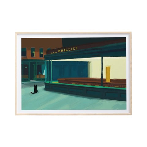 Cat print featuring an illustration of a cat sitting outside a diner, based on the Edward Hopper painting 'Nighthawks'. 