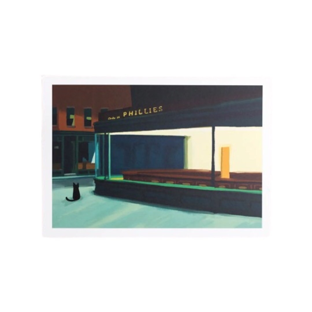 Cat print featuring an illustration of a cat sitting outside a diner, based on the Edward Hopper painting 'Nighthawks'. 