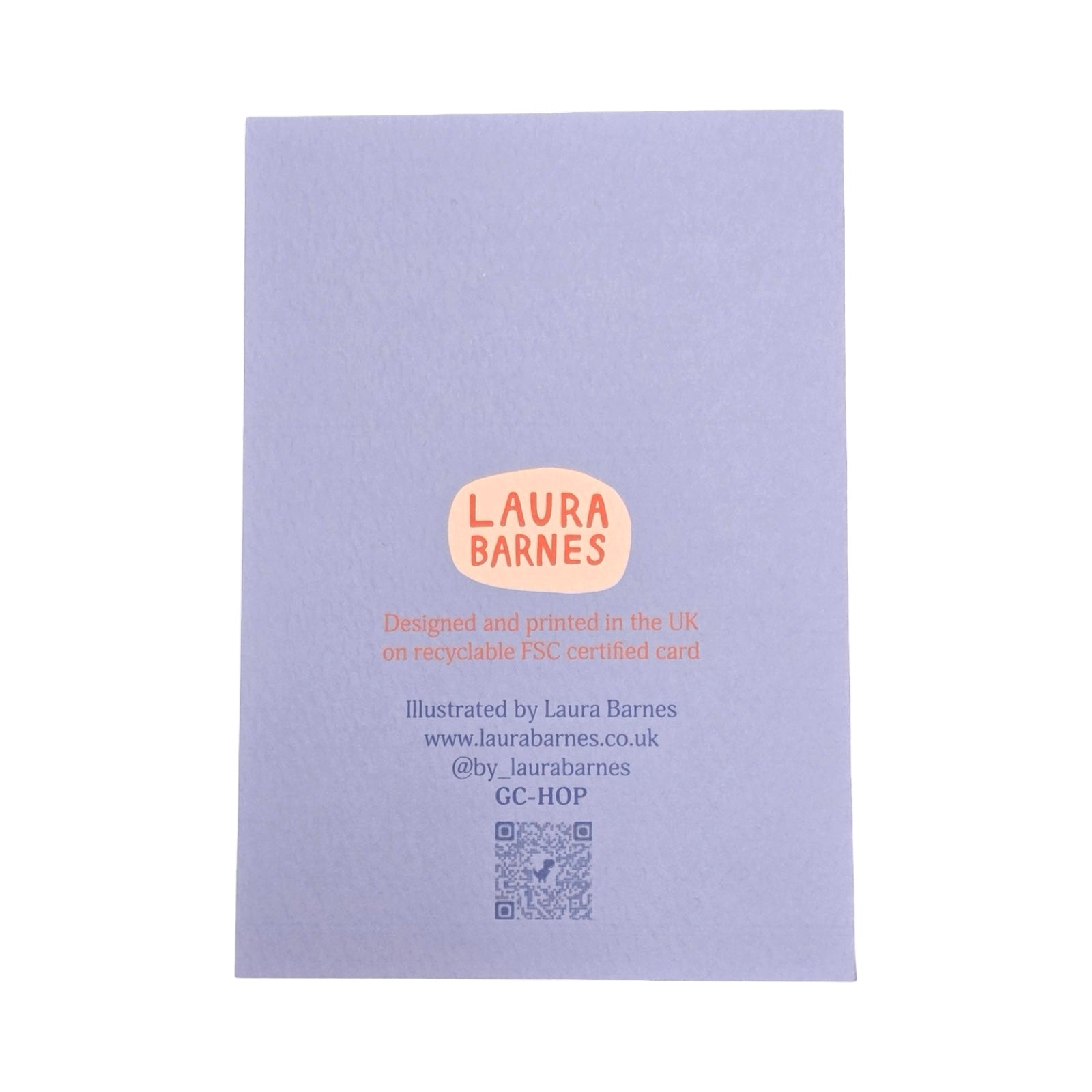 Back cover of a product with 'Laura Barnes' branding and contact information on a light purple background.
