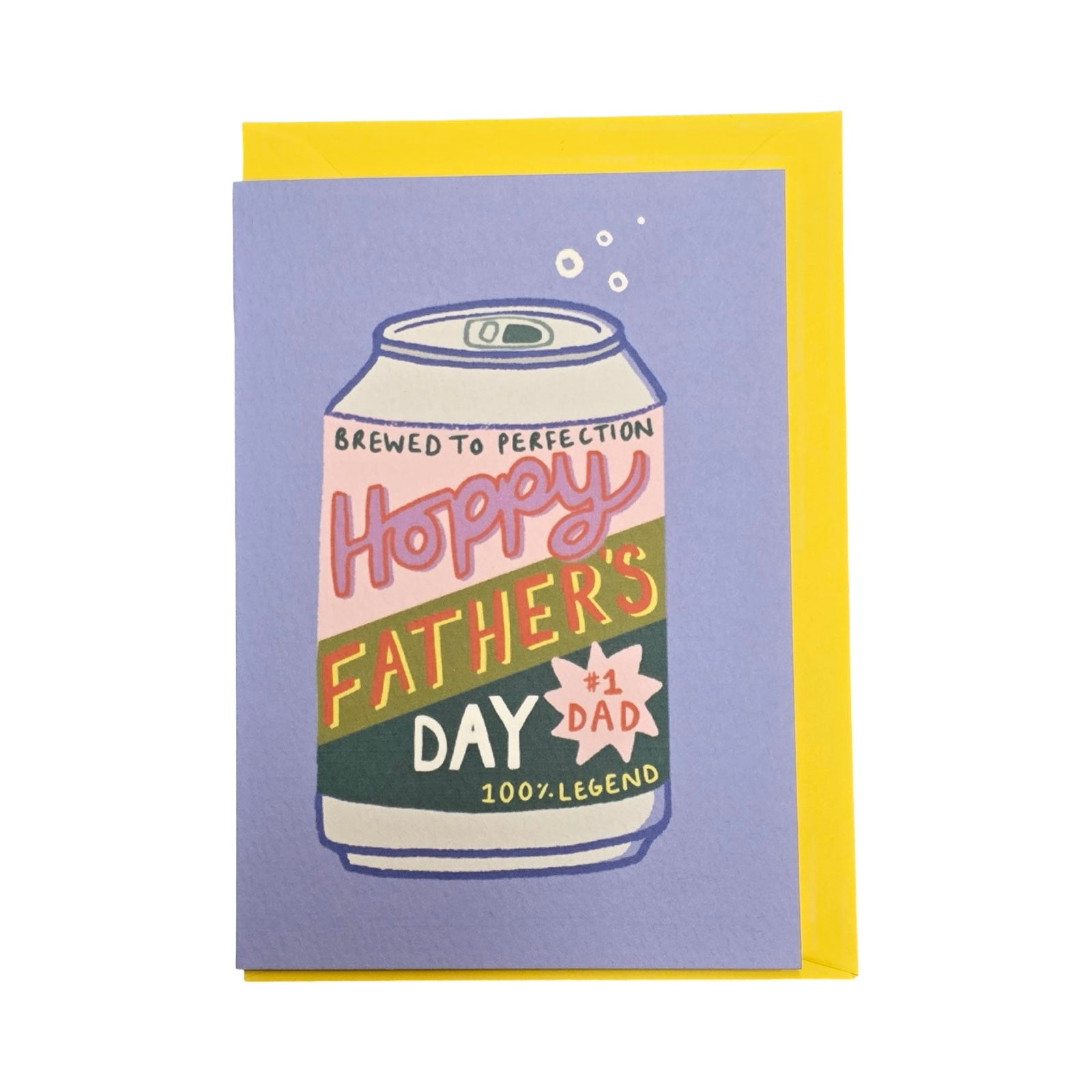 Father's Day card with a beer can design on a purple background.