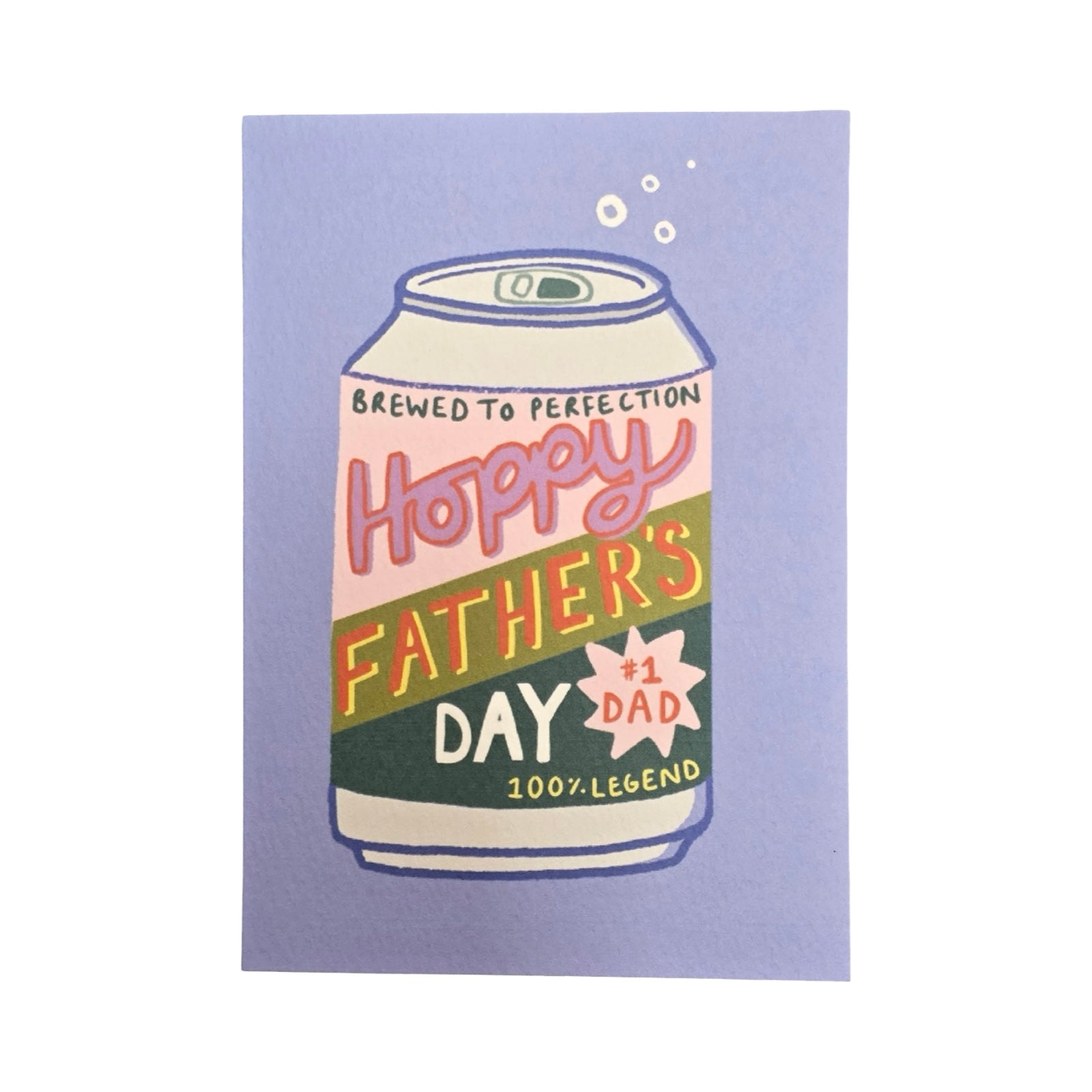 Father's Day card with a can design on a light purple background.