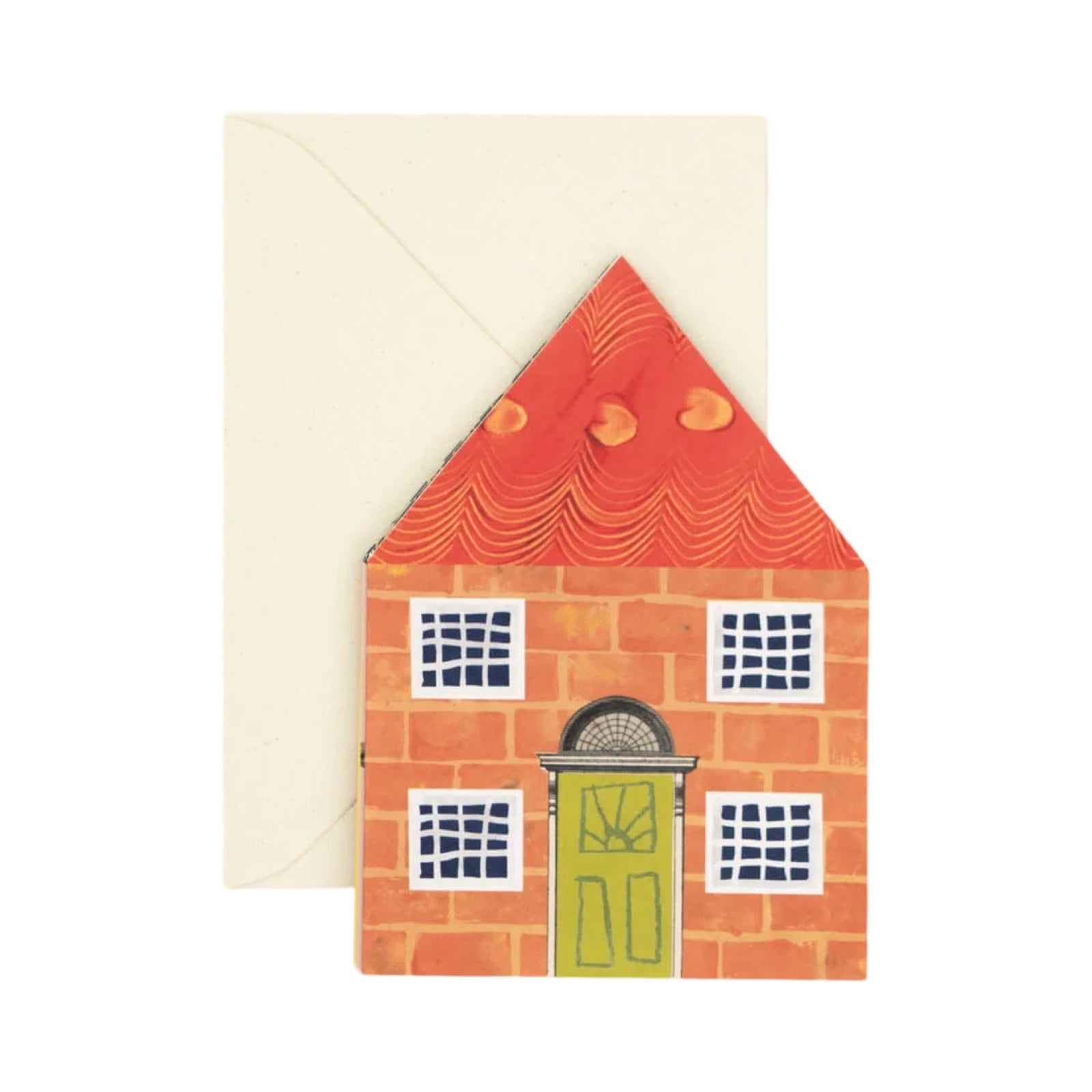 The front of a house concertina card ahowing an orange brick house with a yellow door and a red roof.