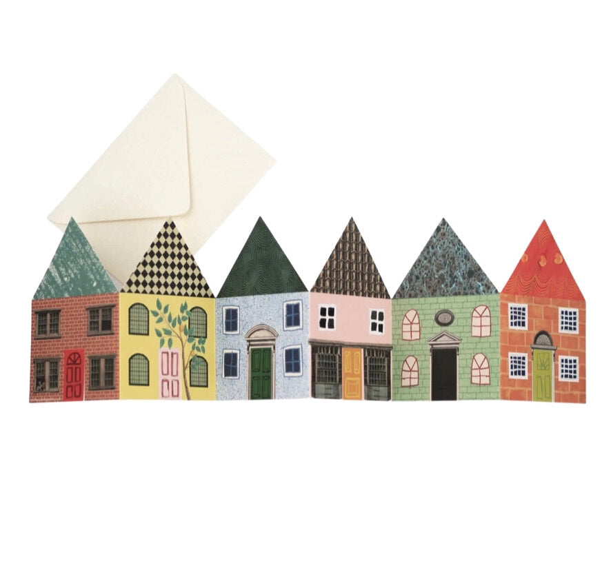 House concertina card featuring a row of six different coloured townhouses