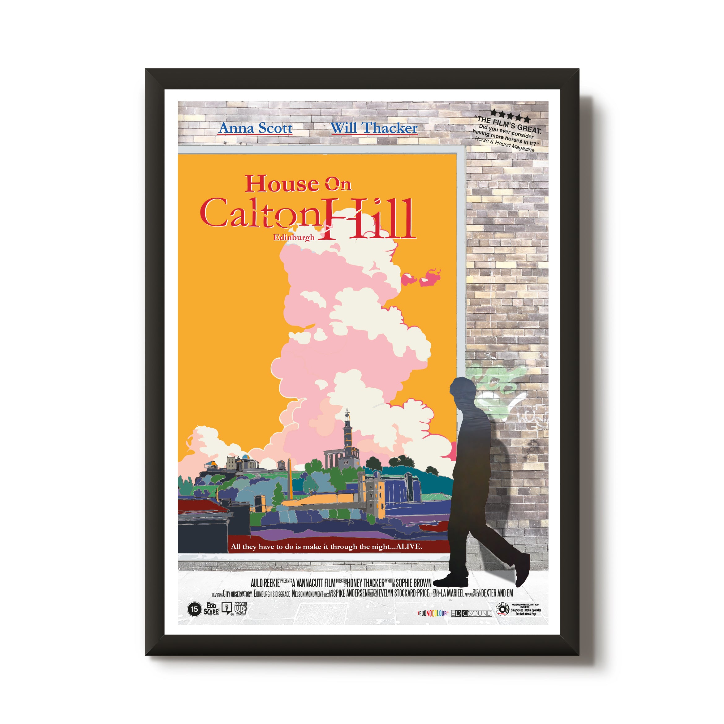 This print features a movie poster design with an illustration of Calton Hill, Edinburgh. 