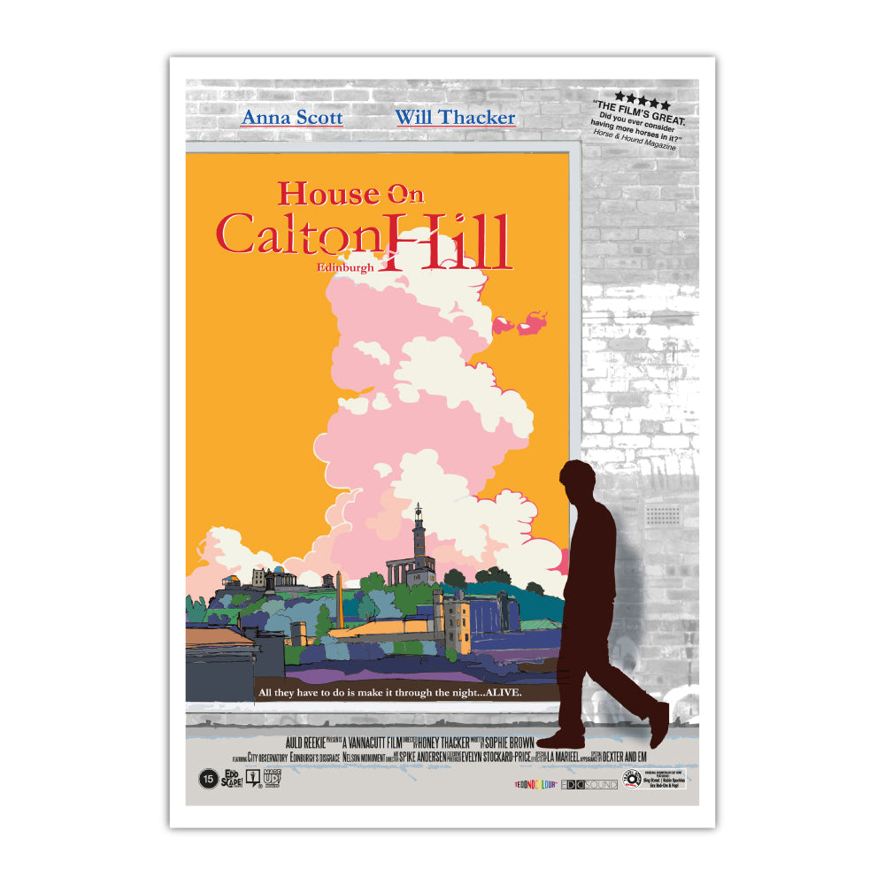 This print features a movie poster design with an illustration of Calton Hill, Edinburgh. 