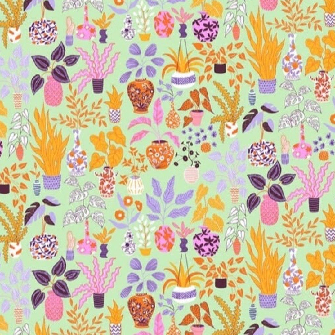 Colourful pattern of plants and pots on a light green background.