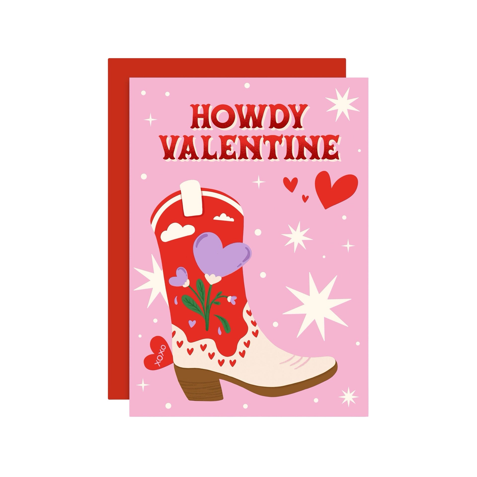 Valentine's card featuring a white and pink cowboy boot with love hearts and the text 'Howdy Valentine'.