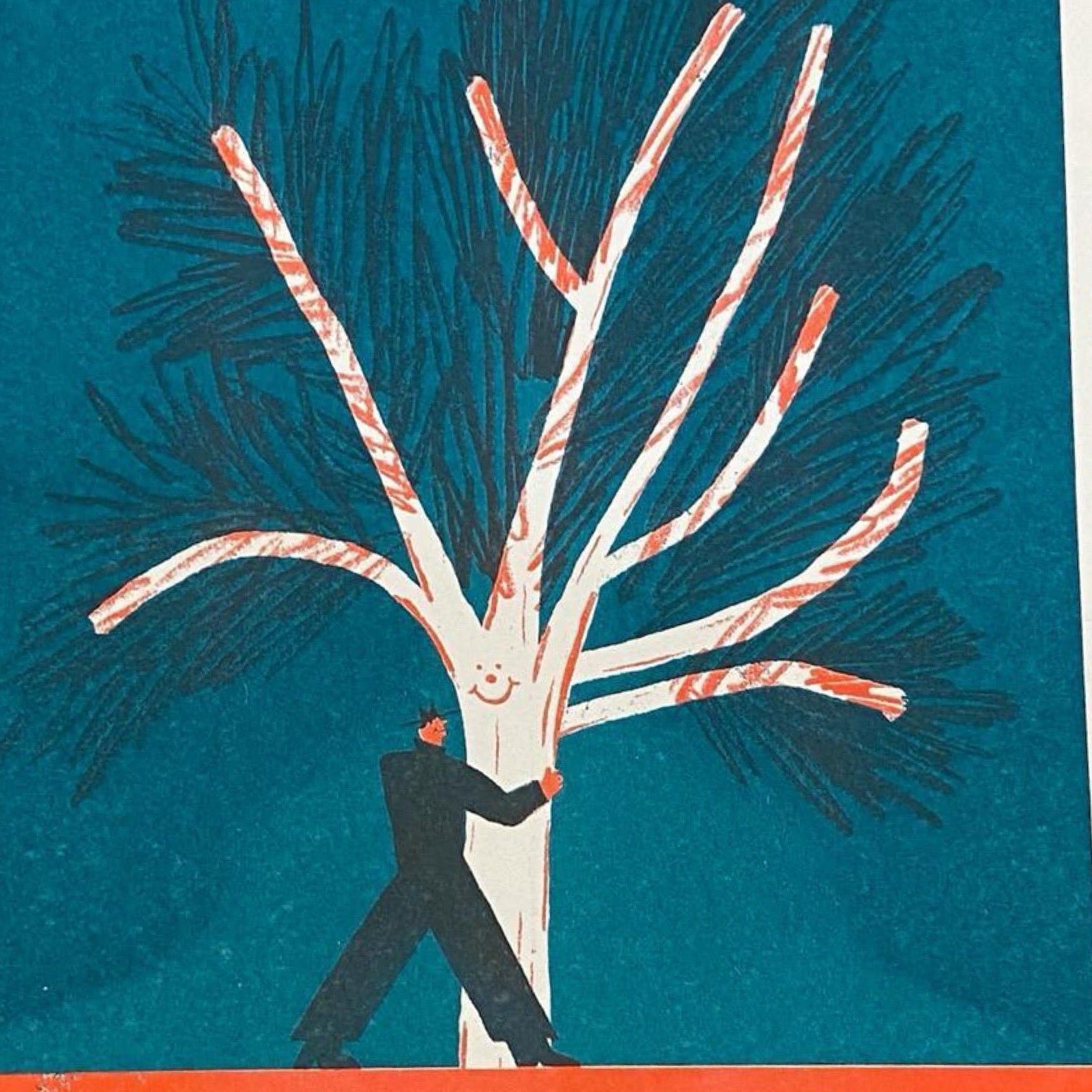 Risograph print of a man hugging a tree against a teal background.