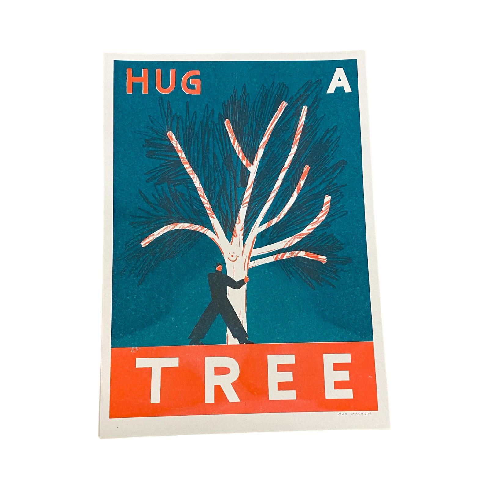 Risograph print of a man hugging a tree against a teal background.