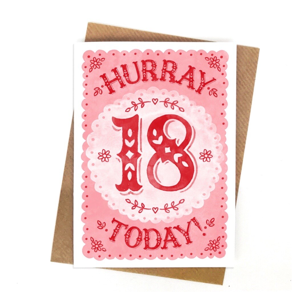 18th birthday card in pink with red 18 and the text Hurrah 18 Today