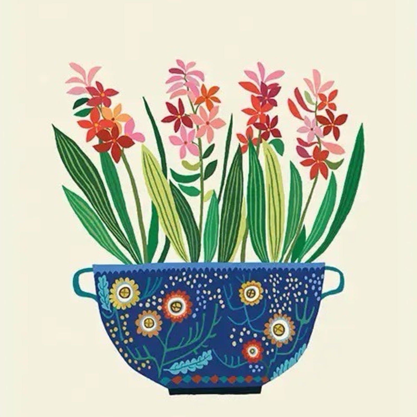 Print of a bunch of hyacinths in a blue vase, decorated with yellow and red flowers, all on a cream background.