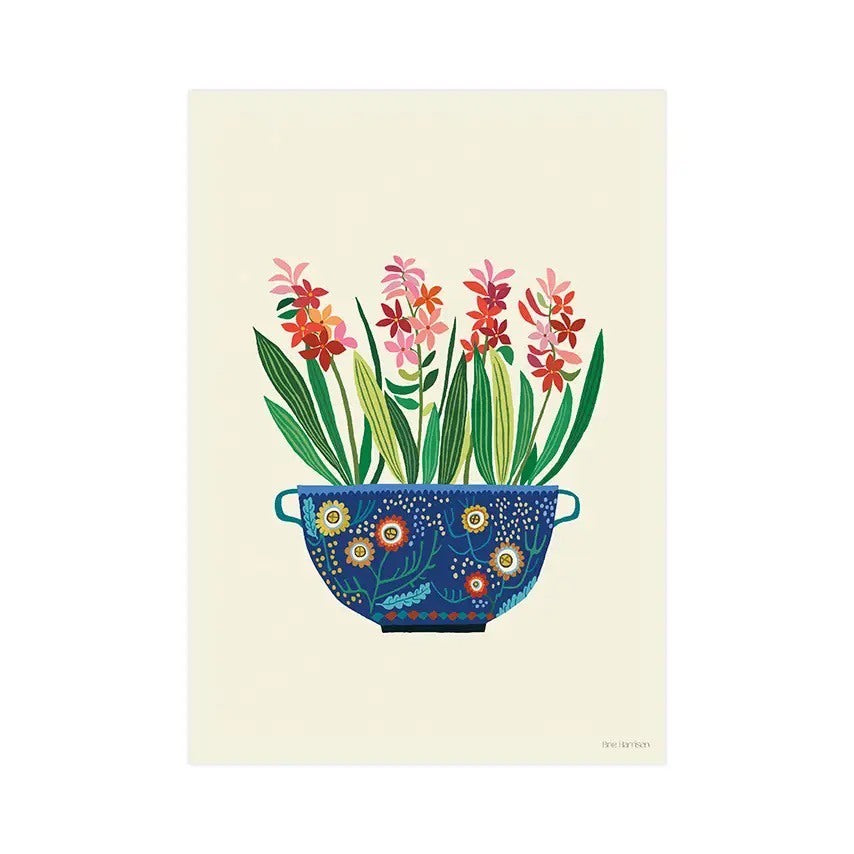 Print of a bunch of hyacinths in a blue vase, decorated with yellow and red flowers, all on a cream background.