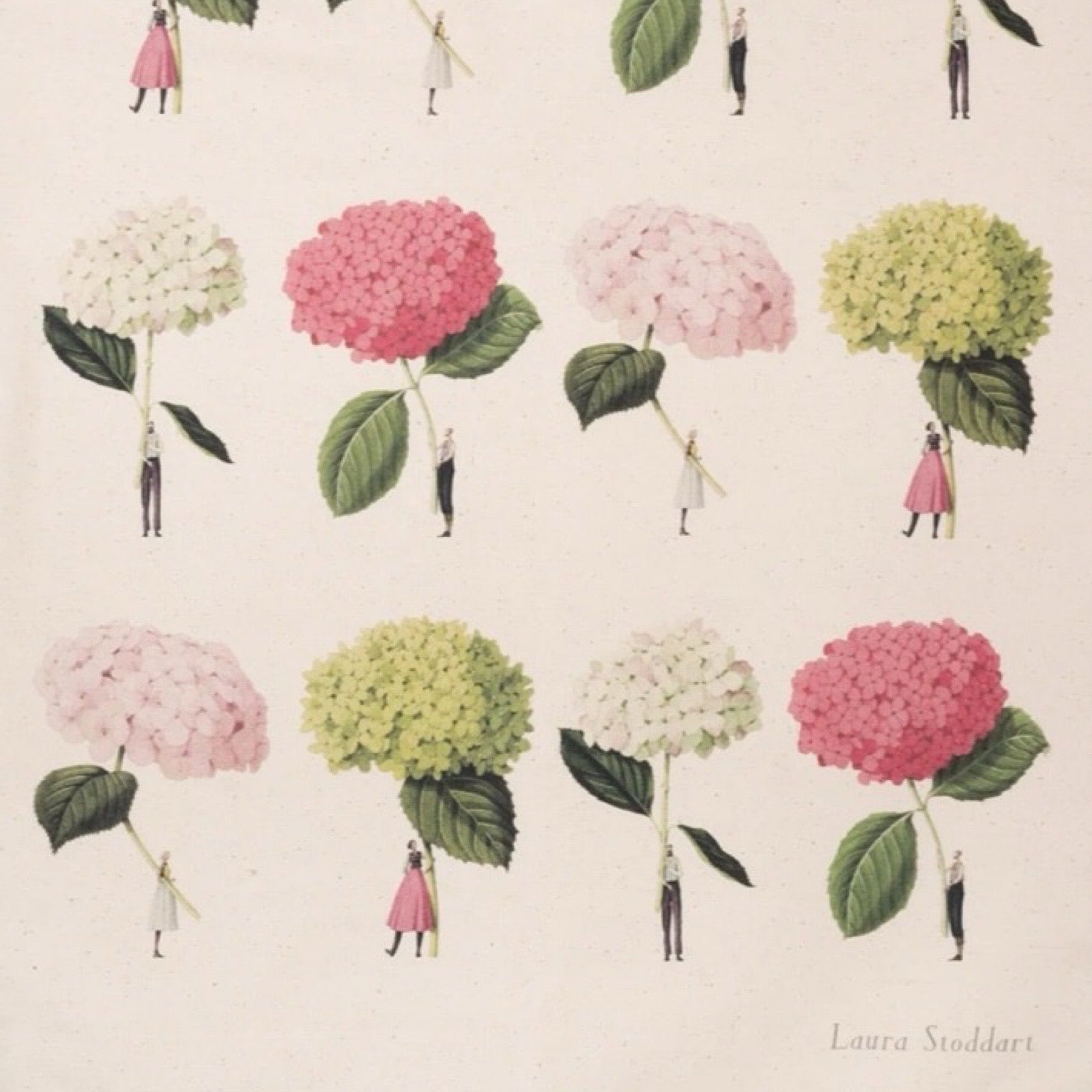 Pattern of hydrangea flowers with small figures holding them on a light background, designed by Laura Stoddart.